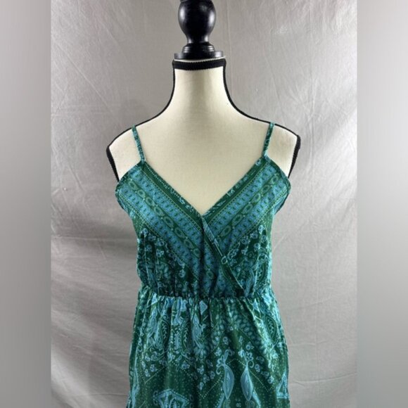 Boho A-Line V Neck Ruffle Hem Dress Green - Picture 6 of 8